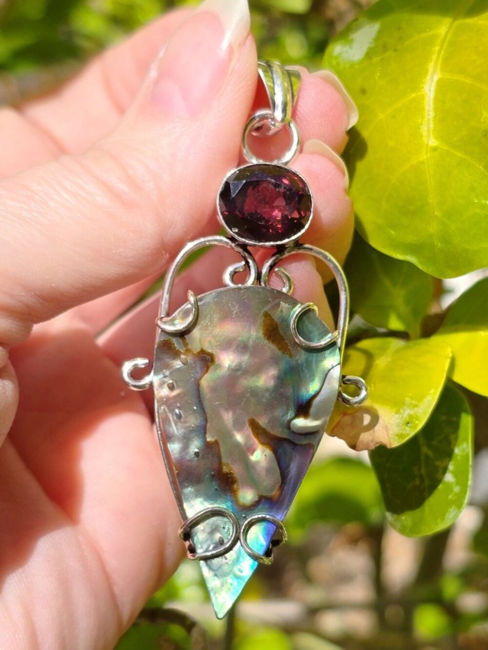 Hand Crafted ✦ Abalone Garnet Sterling Silver Pendant ✦ Boho Natural Shell Gem - Picture 3 of 10